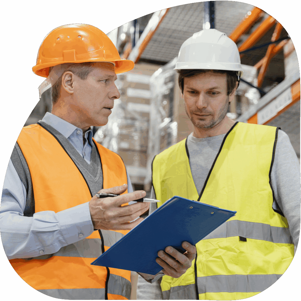 Fachkraft für Arbeitssicherheit unterhält sich bei einem Kunden über die Arbeitssicherheit und gibt Vorschlaege