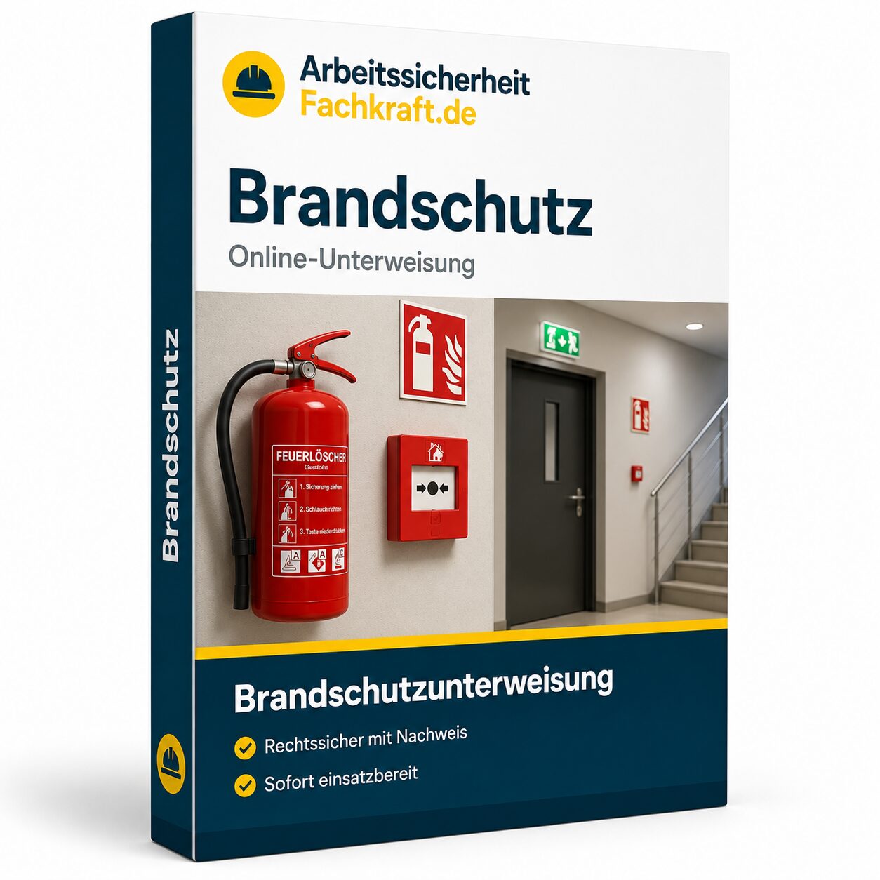 Brandschutzunterweisung online: Produktbox mit Feuerlöscher, Brandschutzzeichen und Fluchtwegschild